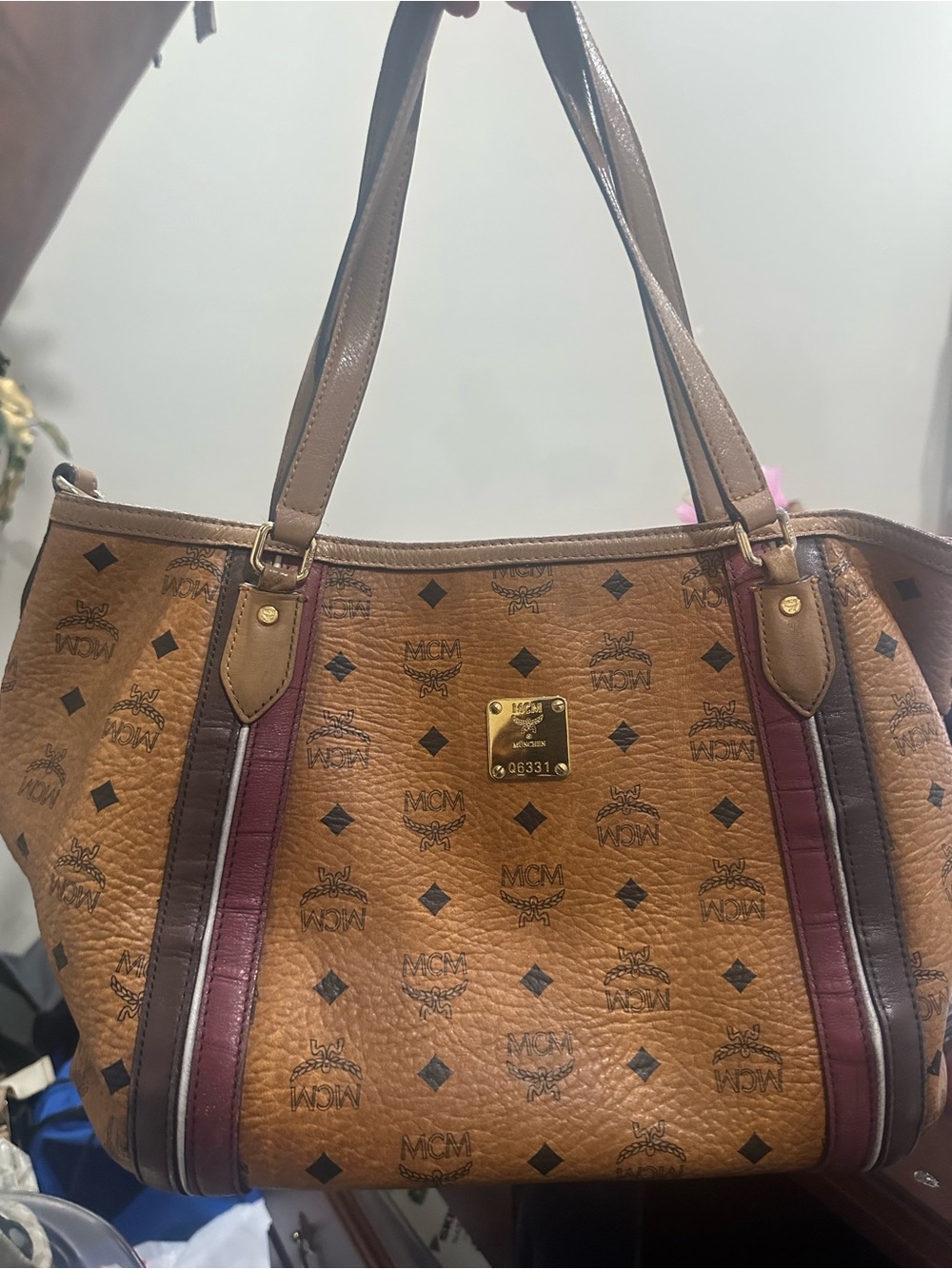 MCM Cognac Logo Tote with Burgundy & Brown Straps - Picture 4 of 6